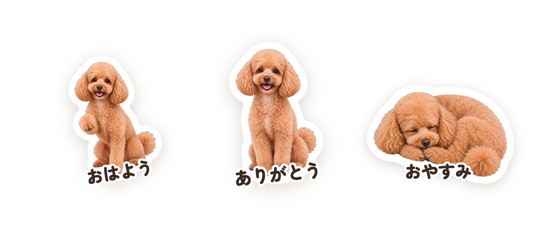 同じ子の写真が切り抜かれて、おはよう・ありがとう・おやすみのスタンプになったところ
